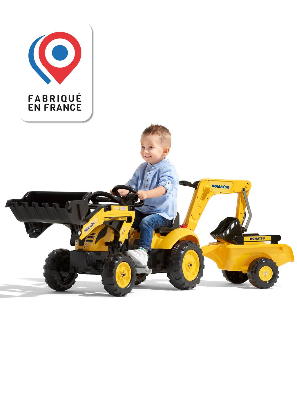 Tractopelle à pédales avec excavatrice arrière et remorque jaune komatsu