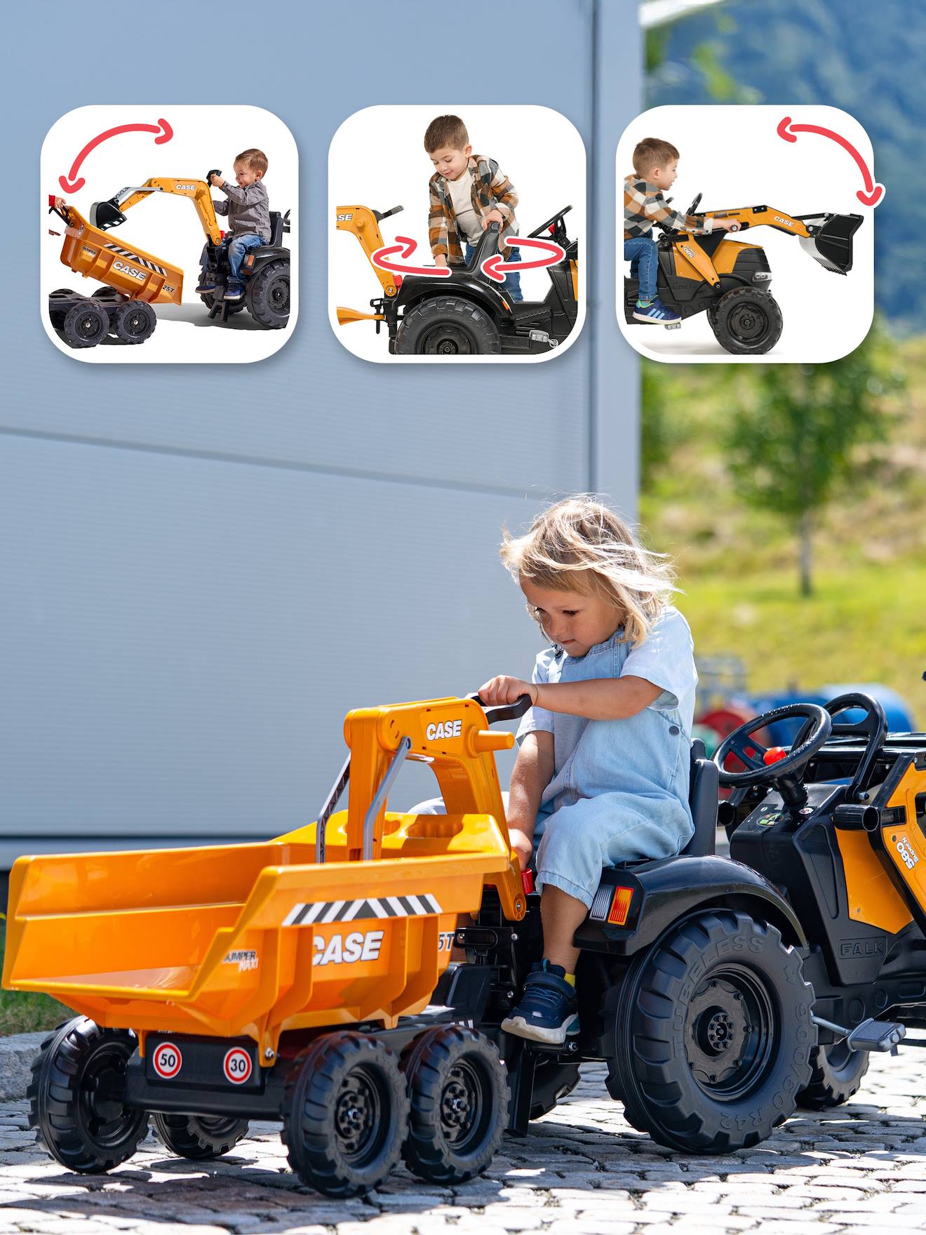 Tractopelle à pédales avec excavatrice arrière, selle pivotante et remorque double essieux basculante orange