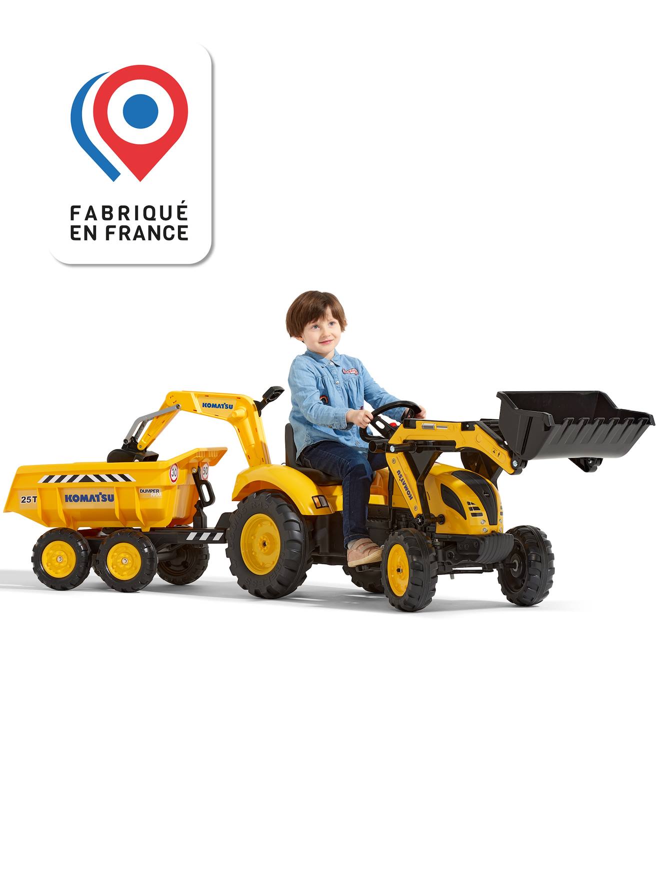 Tractopelle à pédales avec excavatrice arrière, selle pivotante et remorque double essieux basculante jaune komatsu