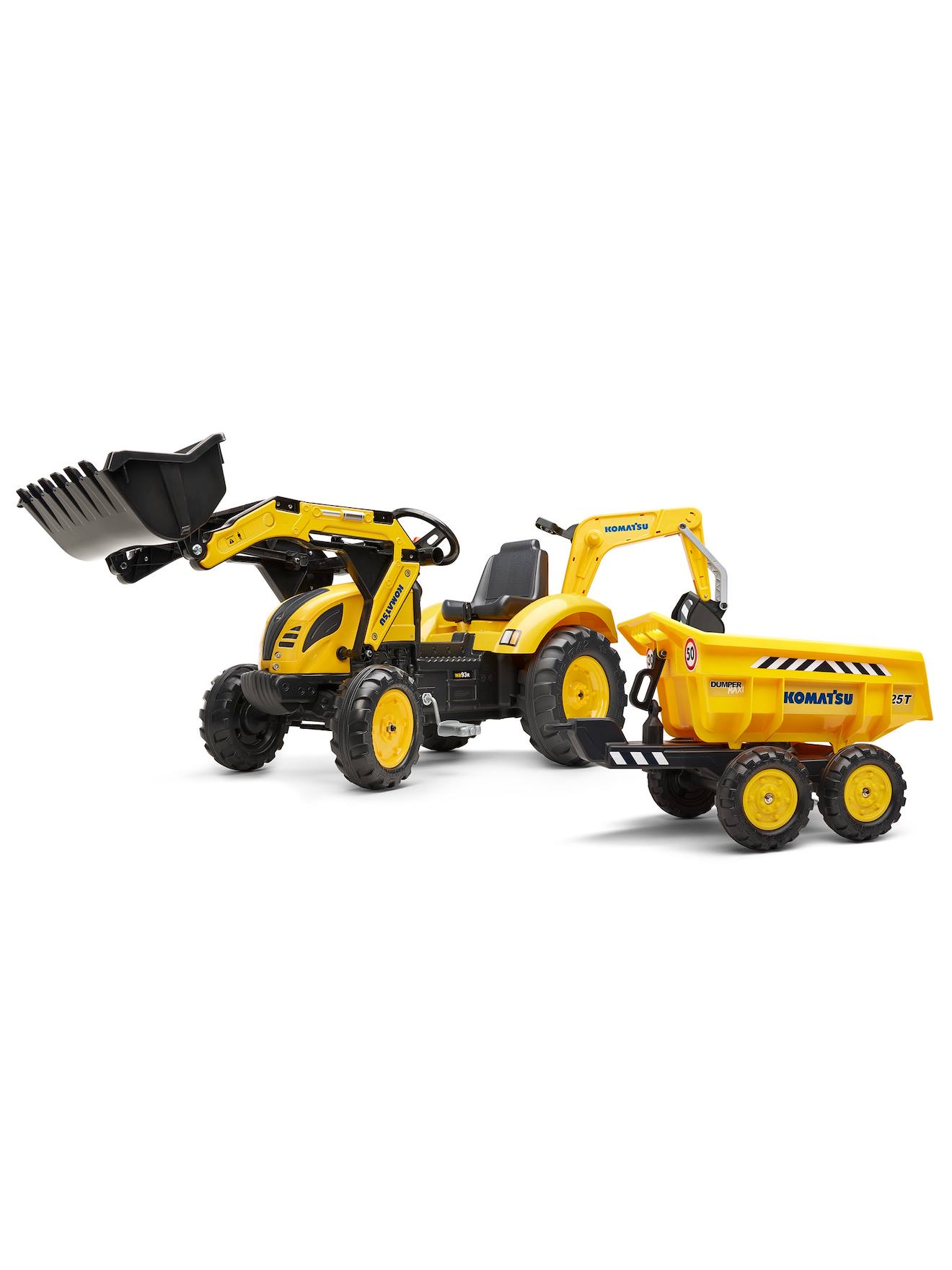 Tractopelle à pédales avec excavatrice arrière, selle pivotante et remorque double essieux basculante jaune komatsu
