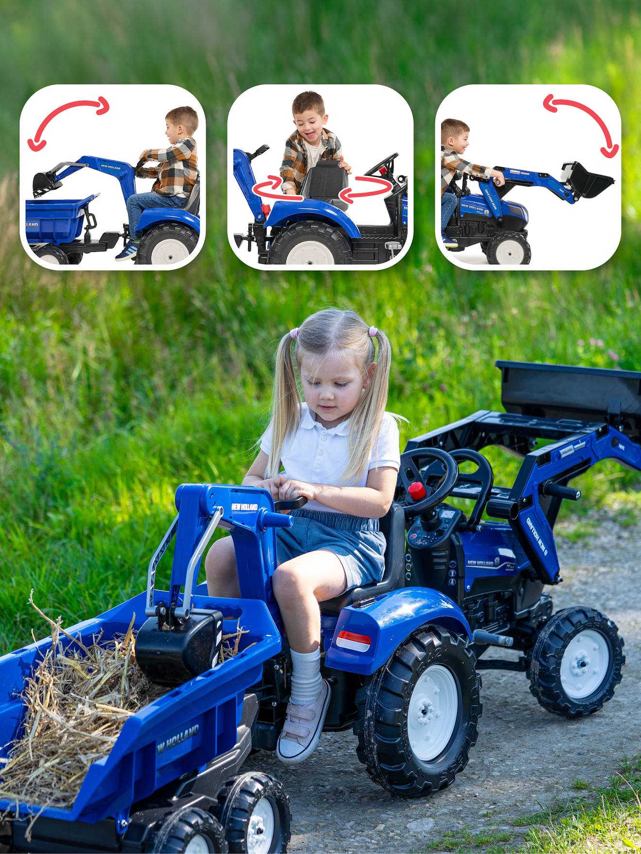 Tractopelle à pédales avec excavatrice arrière, selle pivotante et remorque double essieux basculante bleu new holland