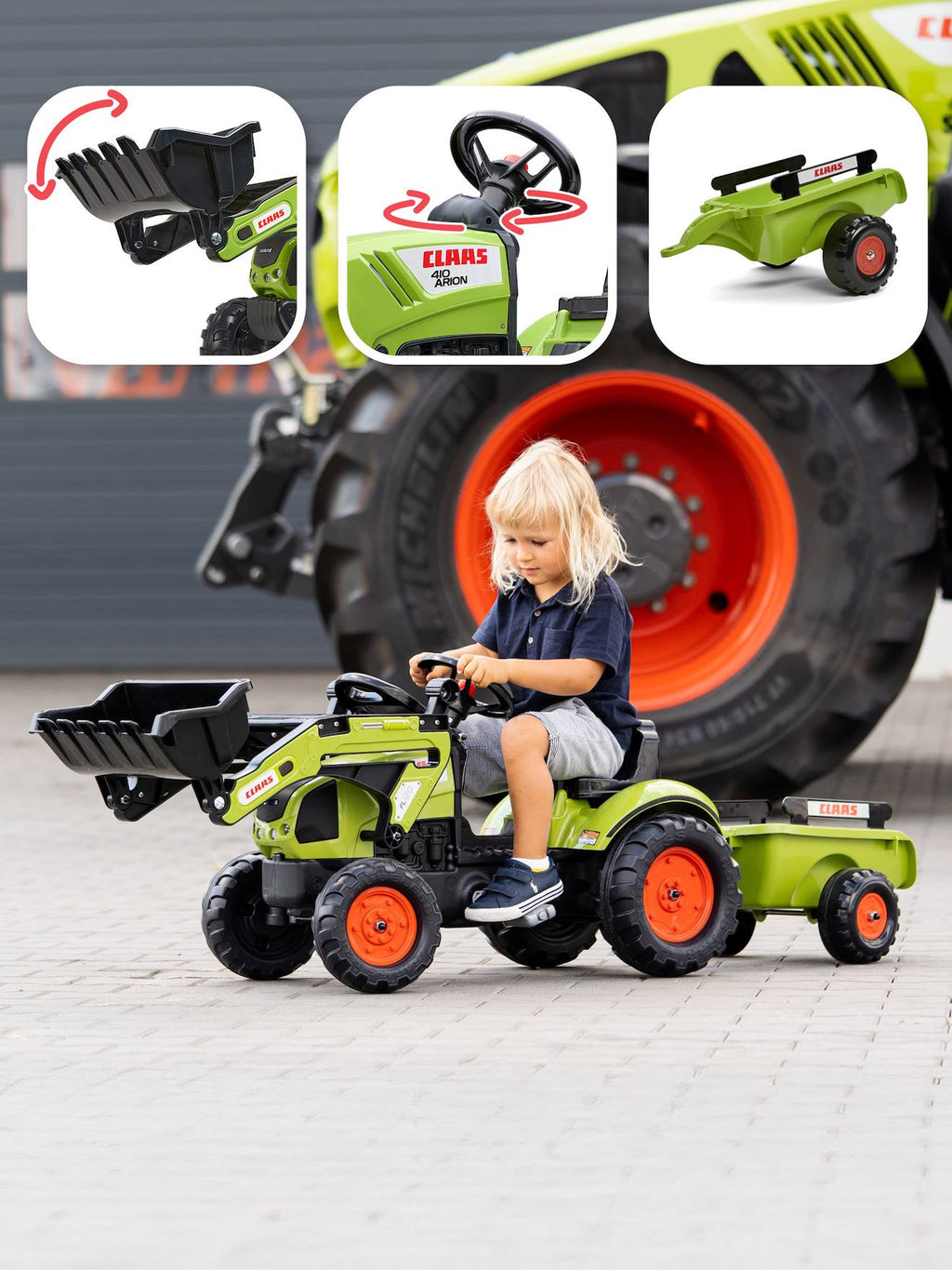 Tractopelle à pédales avec remorque vert claas