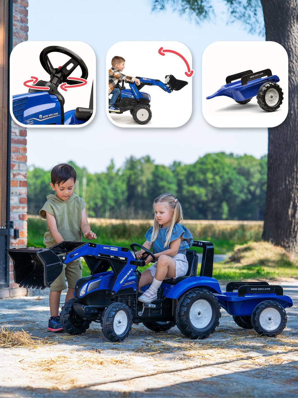 Tractopelle à pédales avec remorque bleu new holland