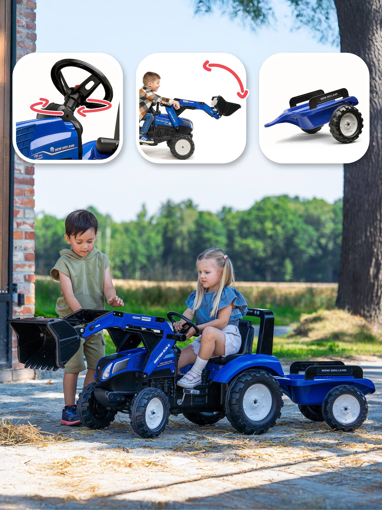 Tractopelle à pédales avec remorque bleu new holland