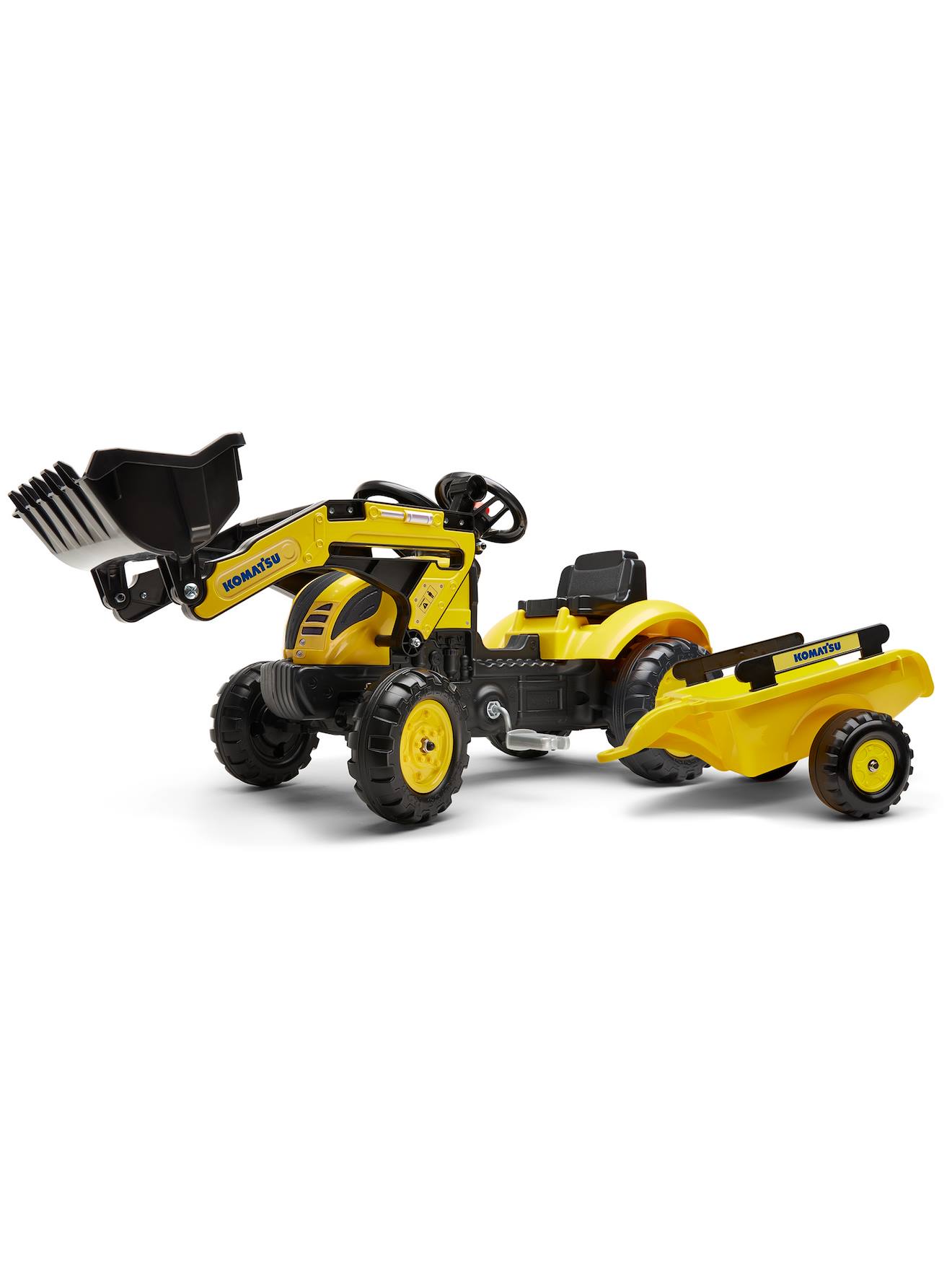 Tractopelle à pédales avec remorque jaune komatsu