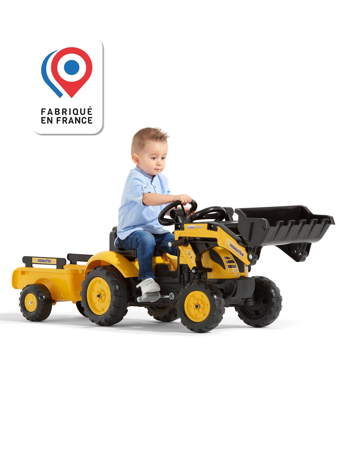 Tractopelle à pédales avec remorque jaune komatsu