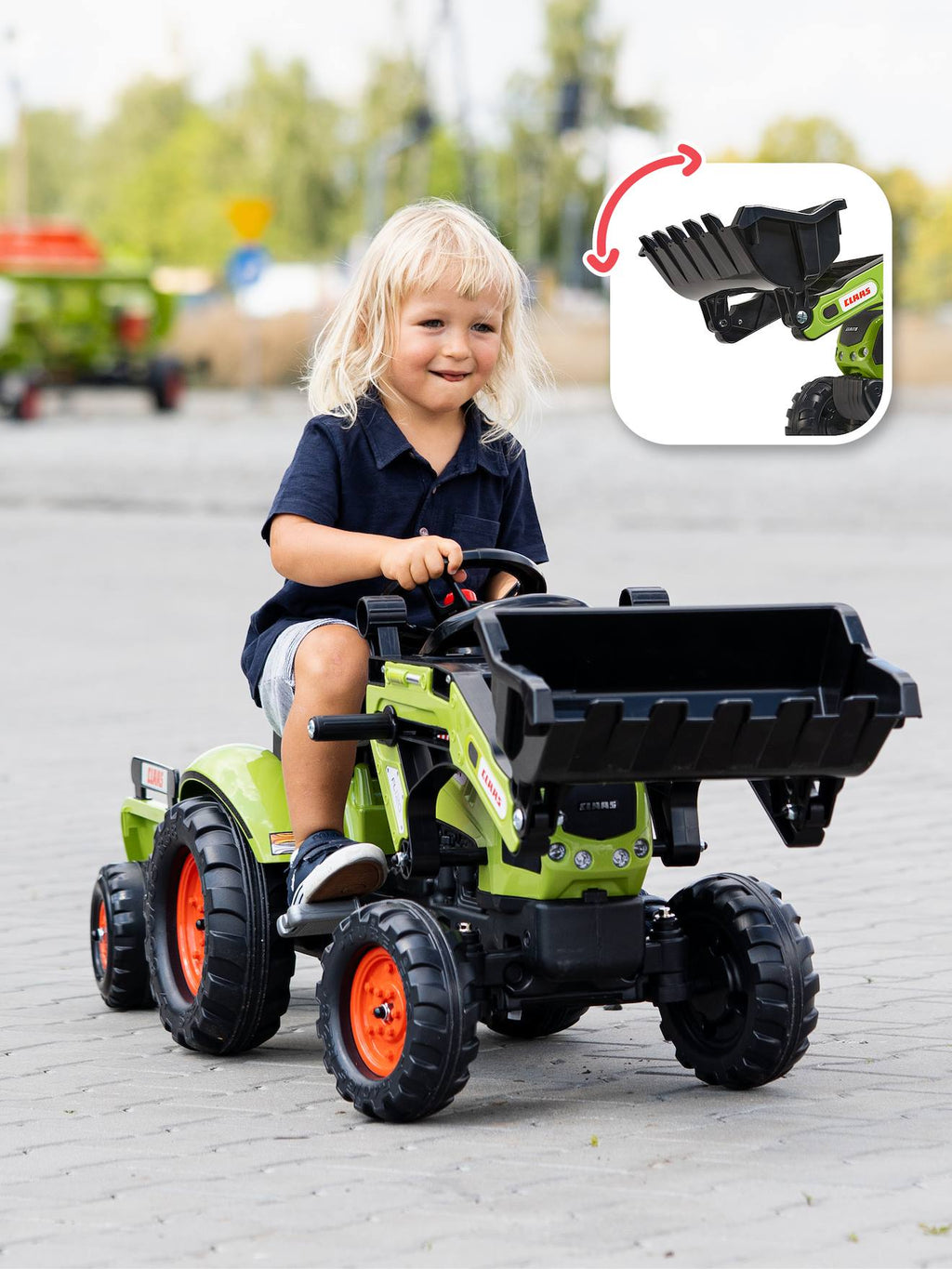 Tractopelle à pédales avec remorque vert claas