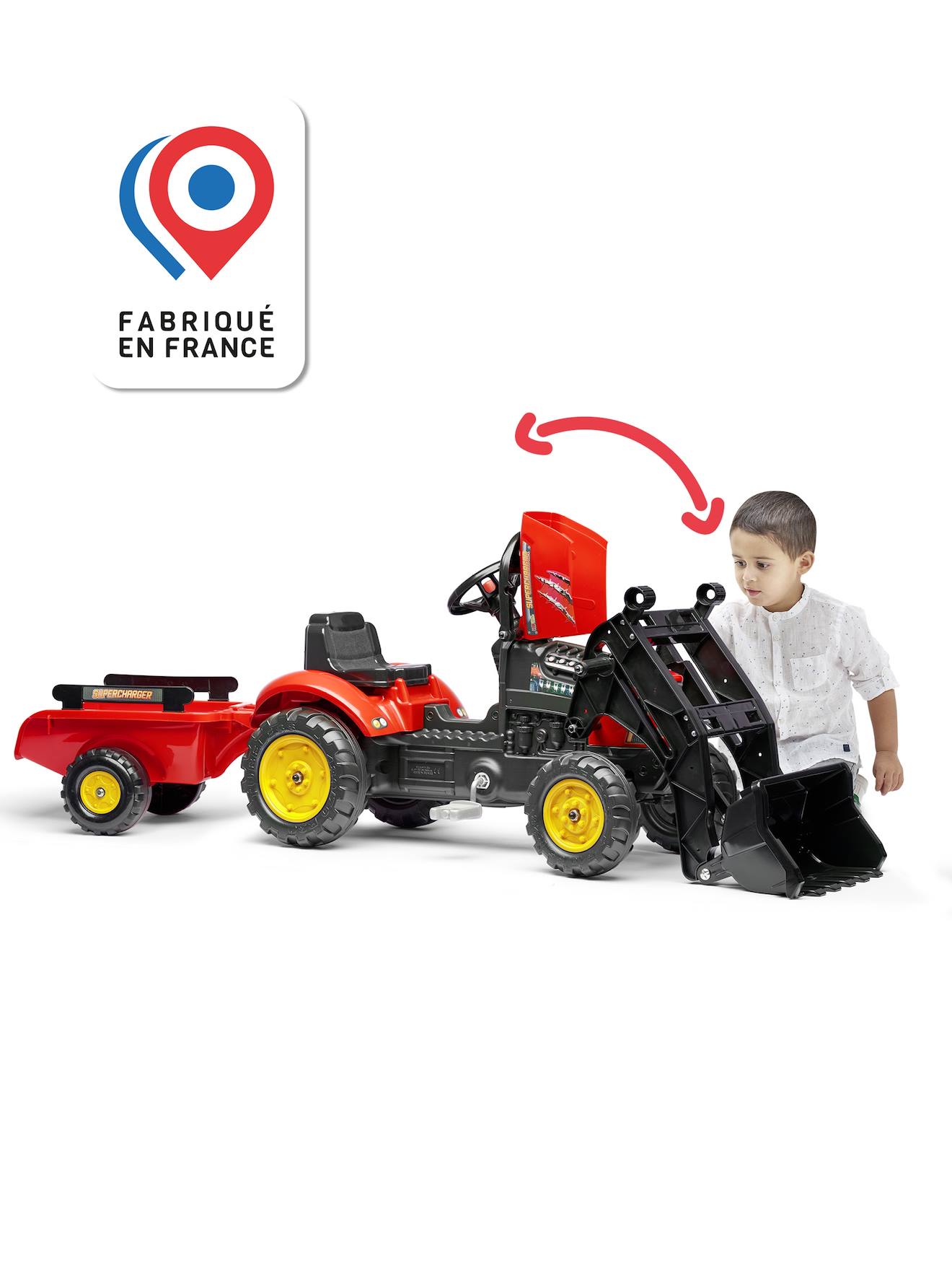 Tractopelle à pédales avec remorque rouge