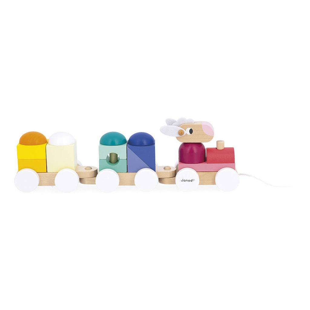 Train en bois à tirer moutons multicolore