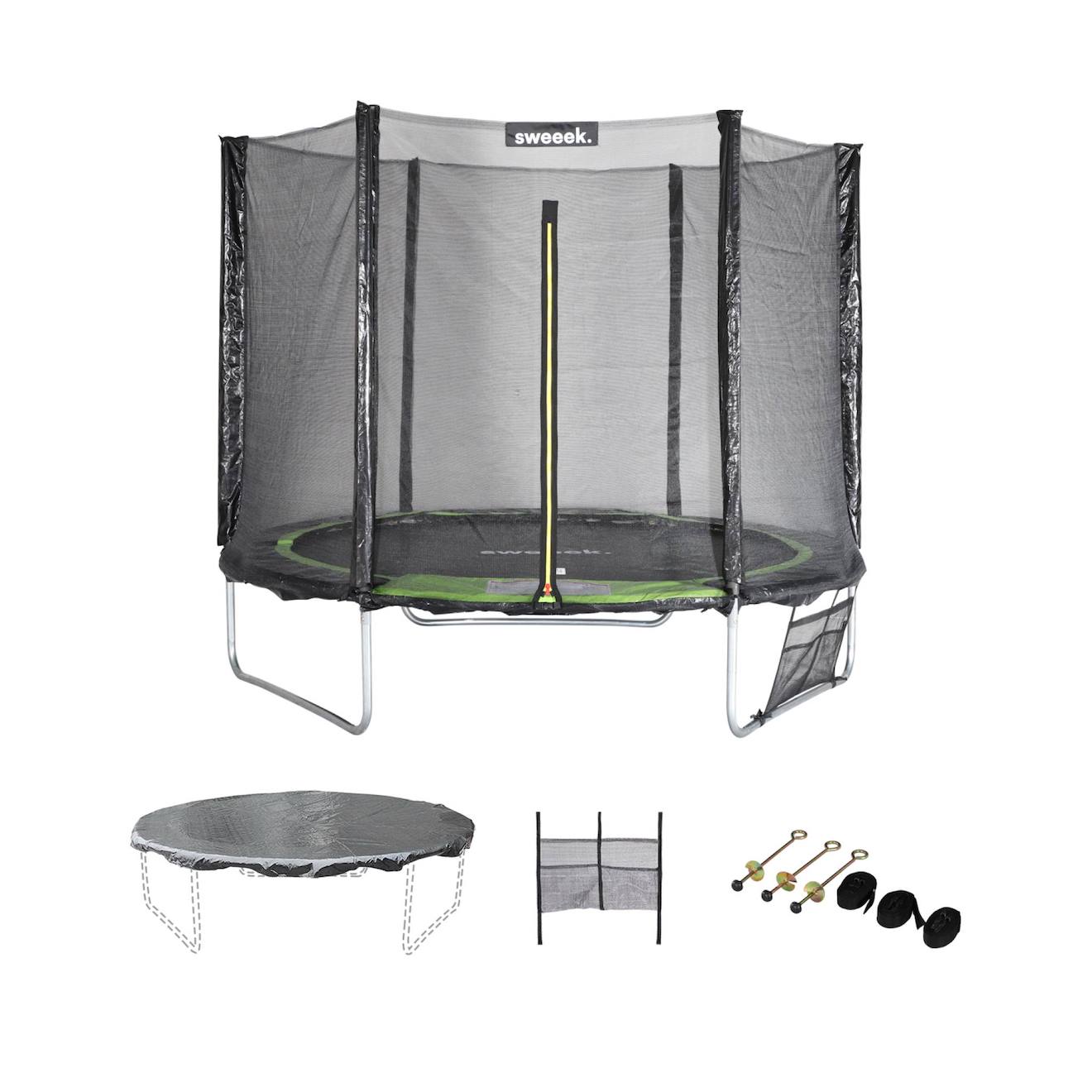 Trampoline 250 cm – galaxie avec filet de protection, bâche, filet pour chaussures, kit d'ancrage vert