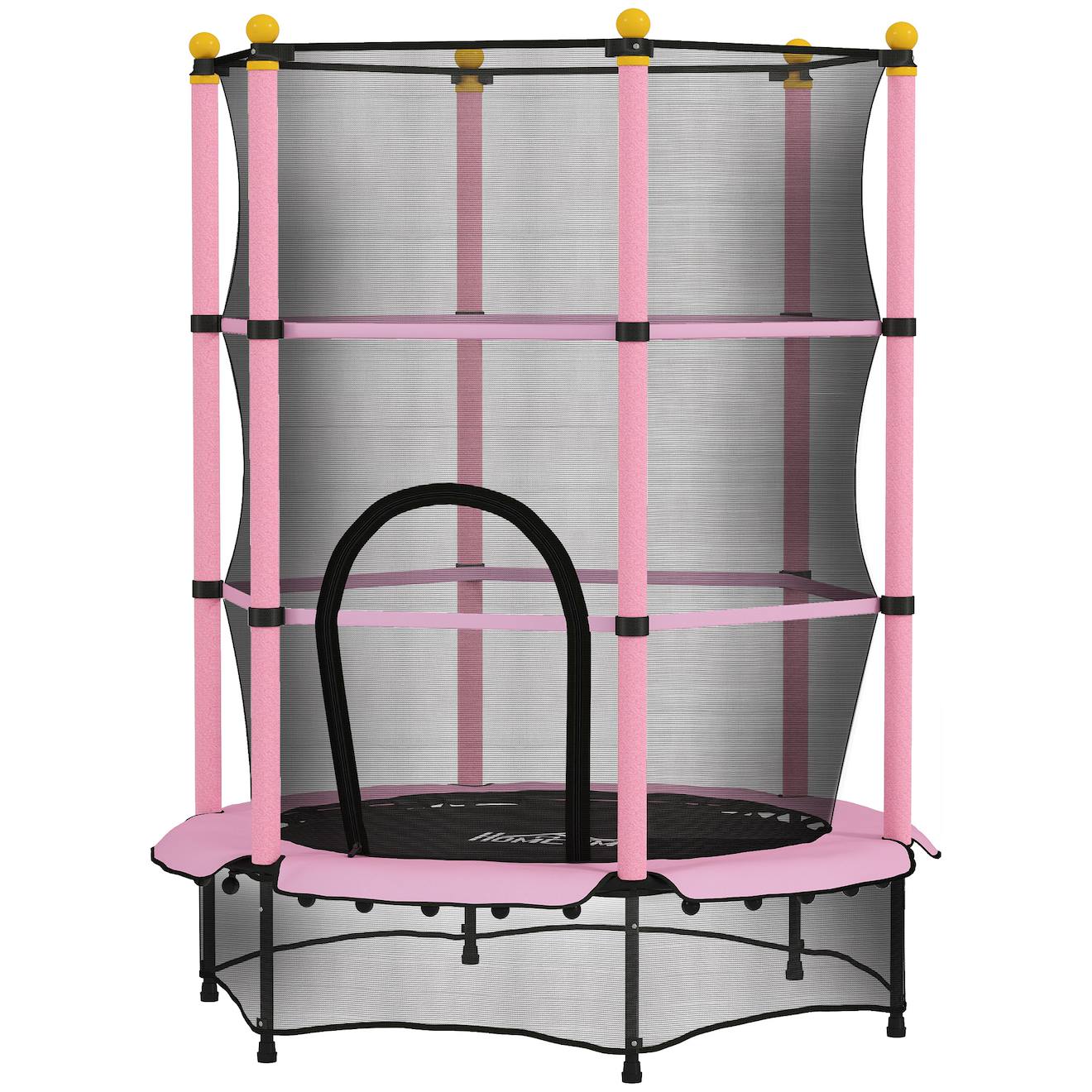 Trampoline de jardin enfants ø 1,40 x 1,90h m filet de sécurité porte zipée couvre-ressorts 6 poteaux rembourrés inclus rose