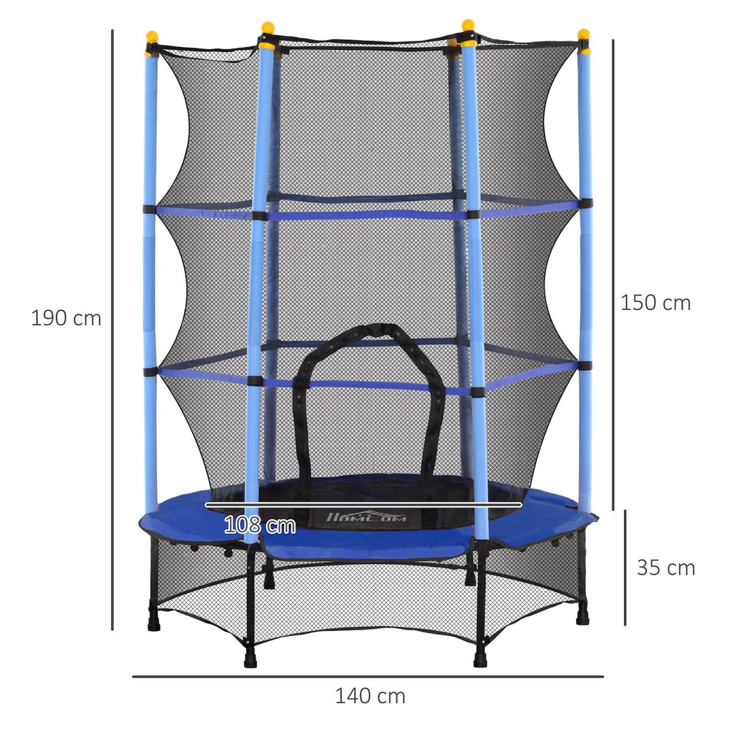 Trampoline de jardin enfants ø 1,40 x 1,90h m filet de sécurité porte zipée couvre-ressorts 6 poteaux rembourrés inclus bleu