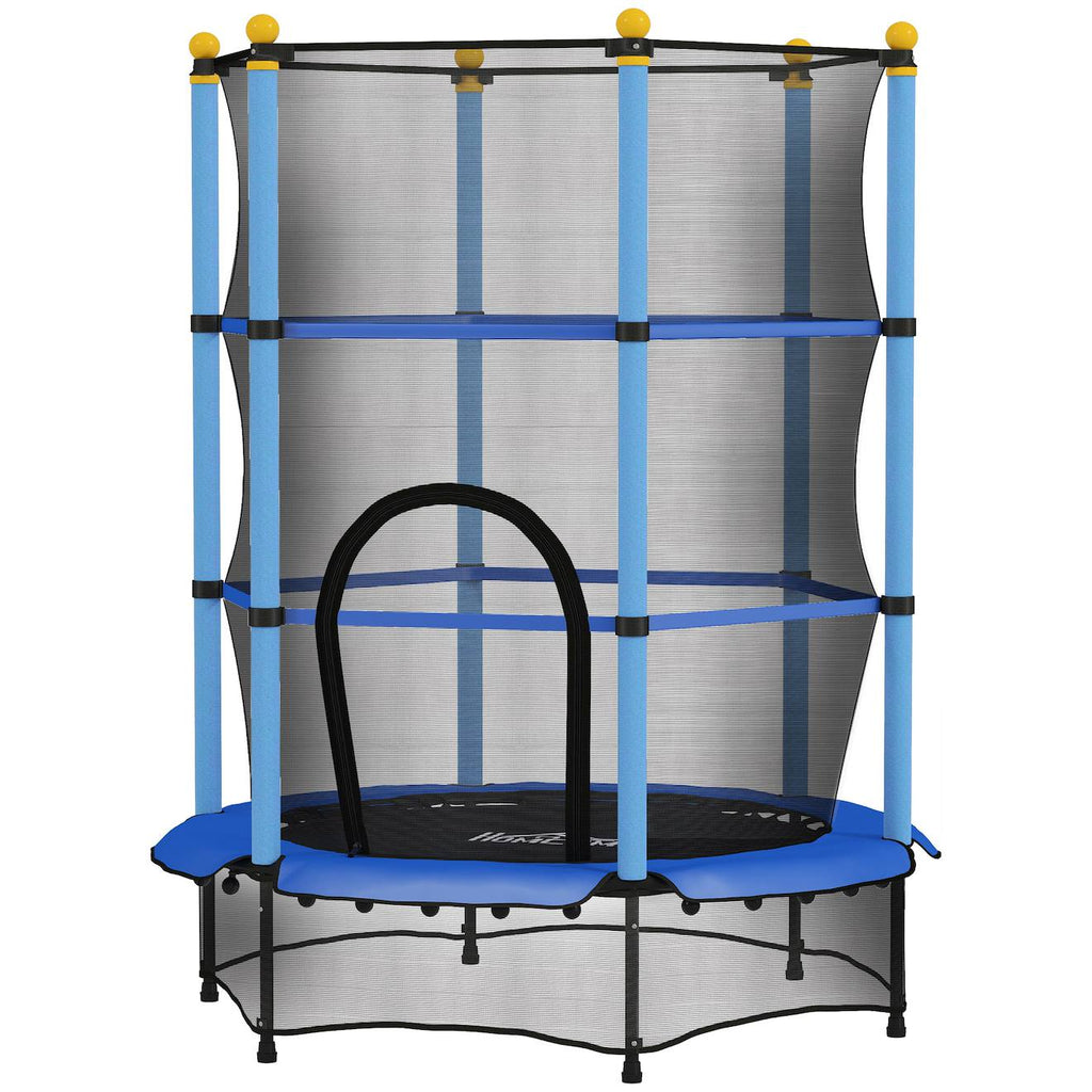 Trampoline de jardin enfants ø 1,40 x 1,90h m filet de sécurité porte zipée couvre-ressorts 6 poteaux rembourrés inclus bleu