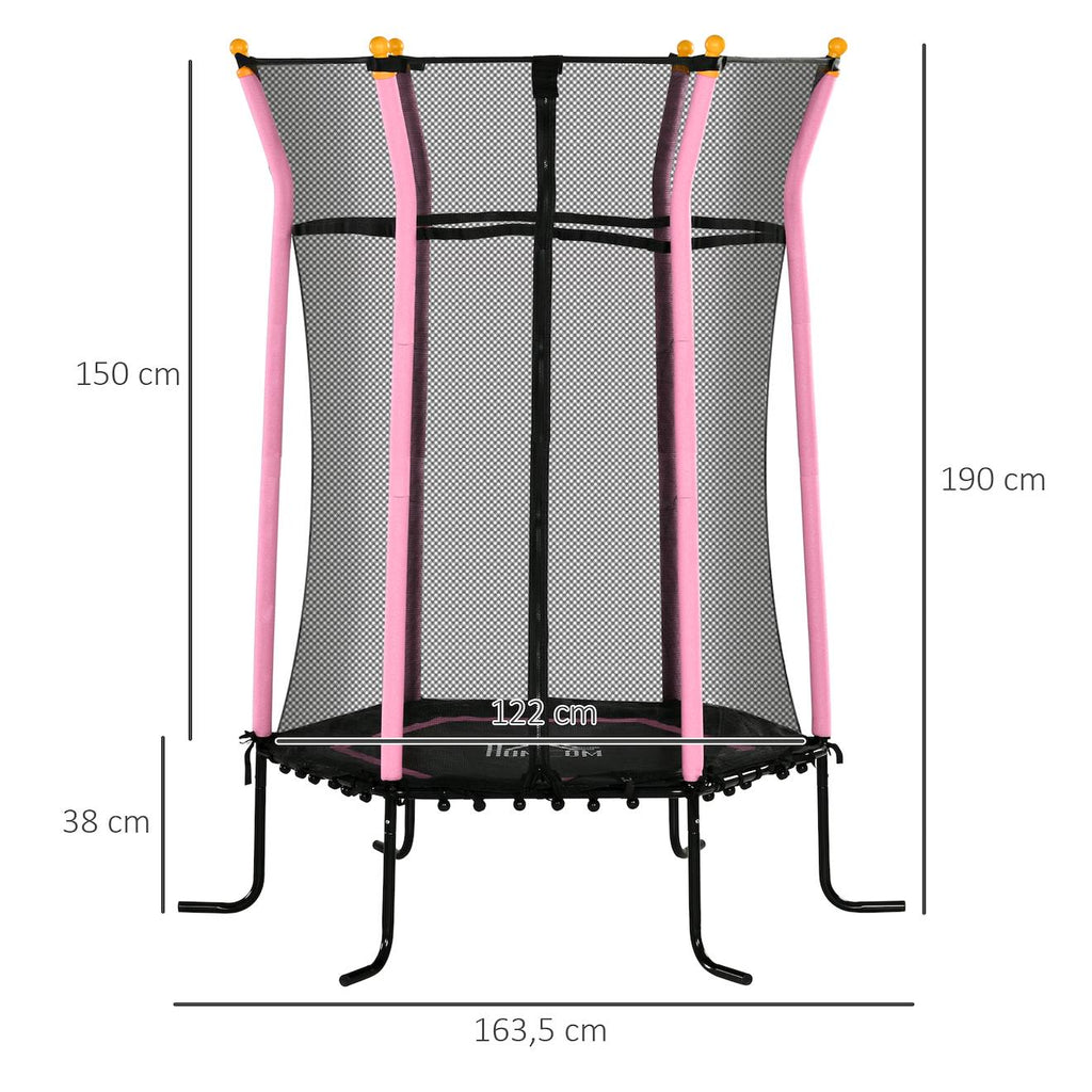 Trampoline enfant dia 1,63 x 1,9h m filet de sécurité porte zippée 6 poteaux rembourrés inclus rose