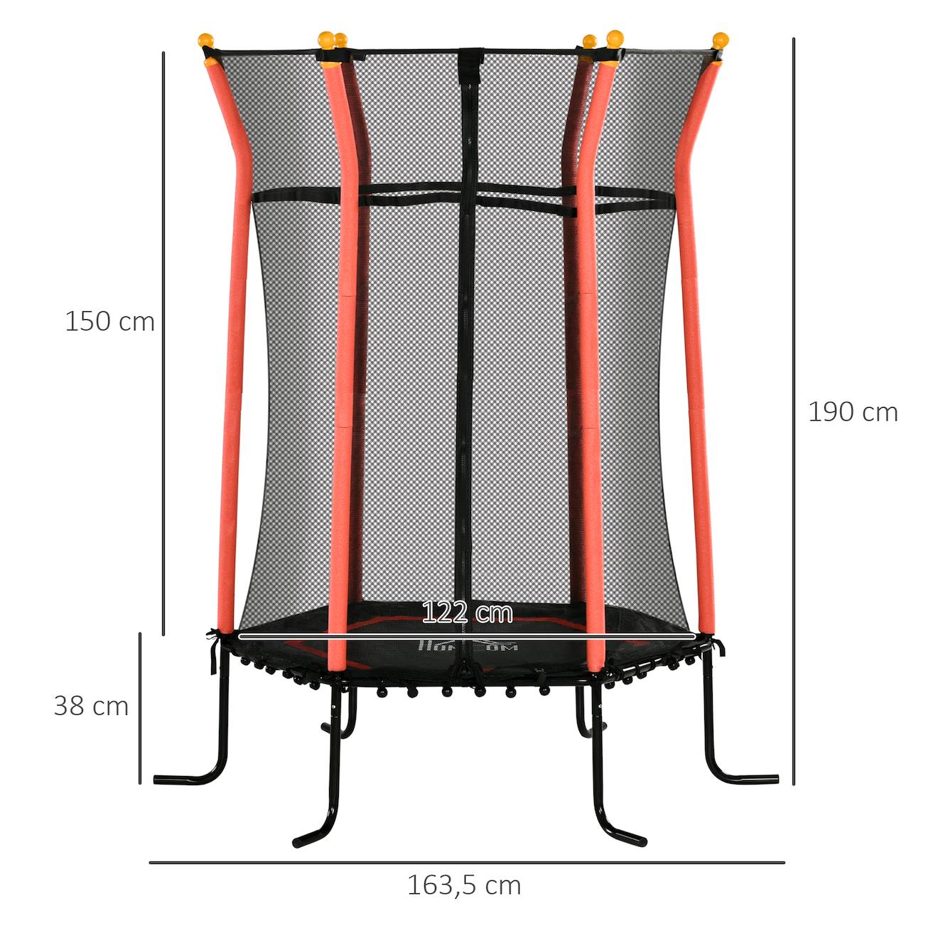 Trampoline enfant dia 1,63 x 1,9h m filet de sécurité porte zippée 6 poteaux rembourrés inclus rouge