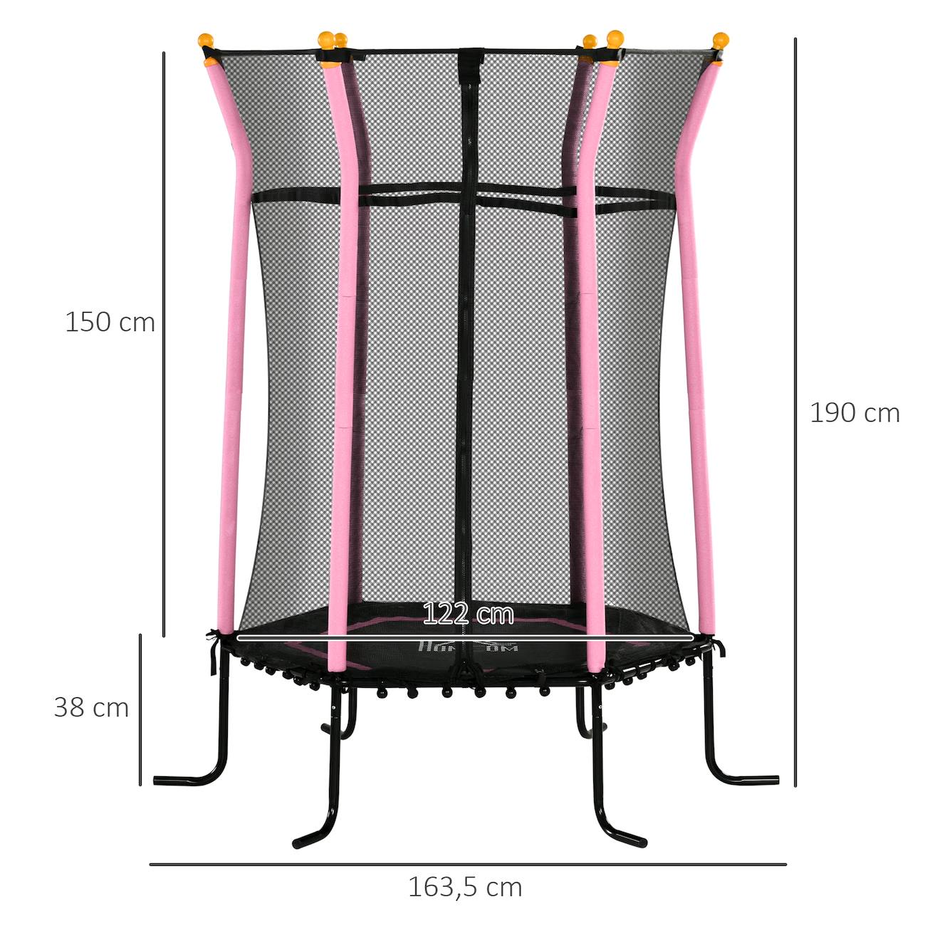 Trampoline enfant dia 1,63 x 1,9h m filet de sécurité porte zippée 6 poteaux rembourrés inclus rose