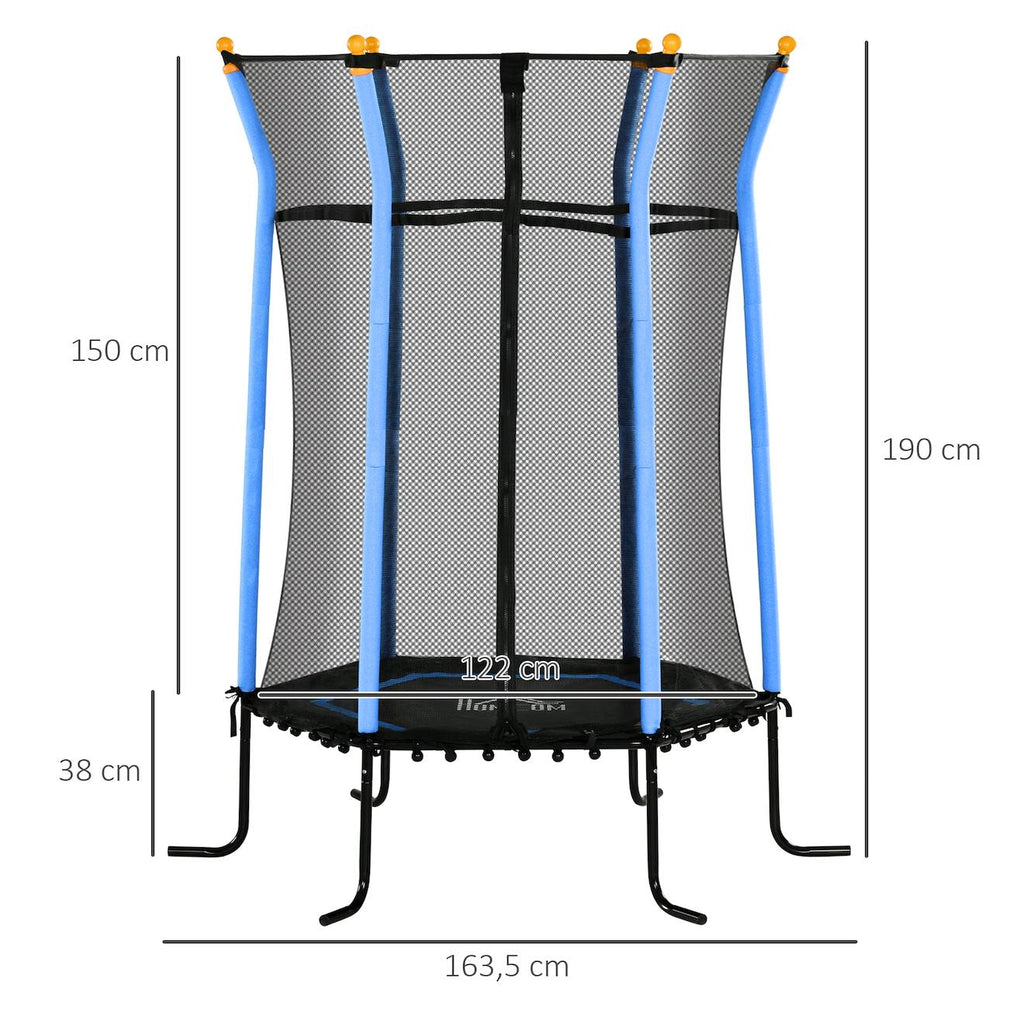 Trampoline enfant dia 1,63 x 1,9h m filet de sécurité porte zippée 6 poteaux rembourrés inclus bleu