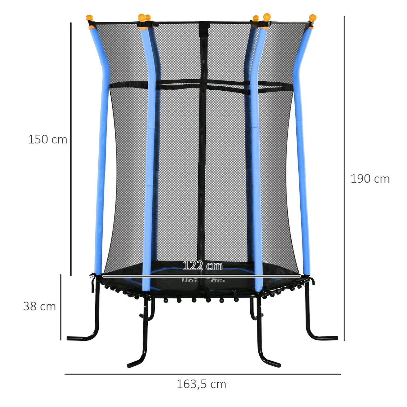 Trampoline enfant dia 1,63 x 1,9h m filet de sécurité porte zippée 6 poteaux rembourrés inclus bleu