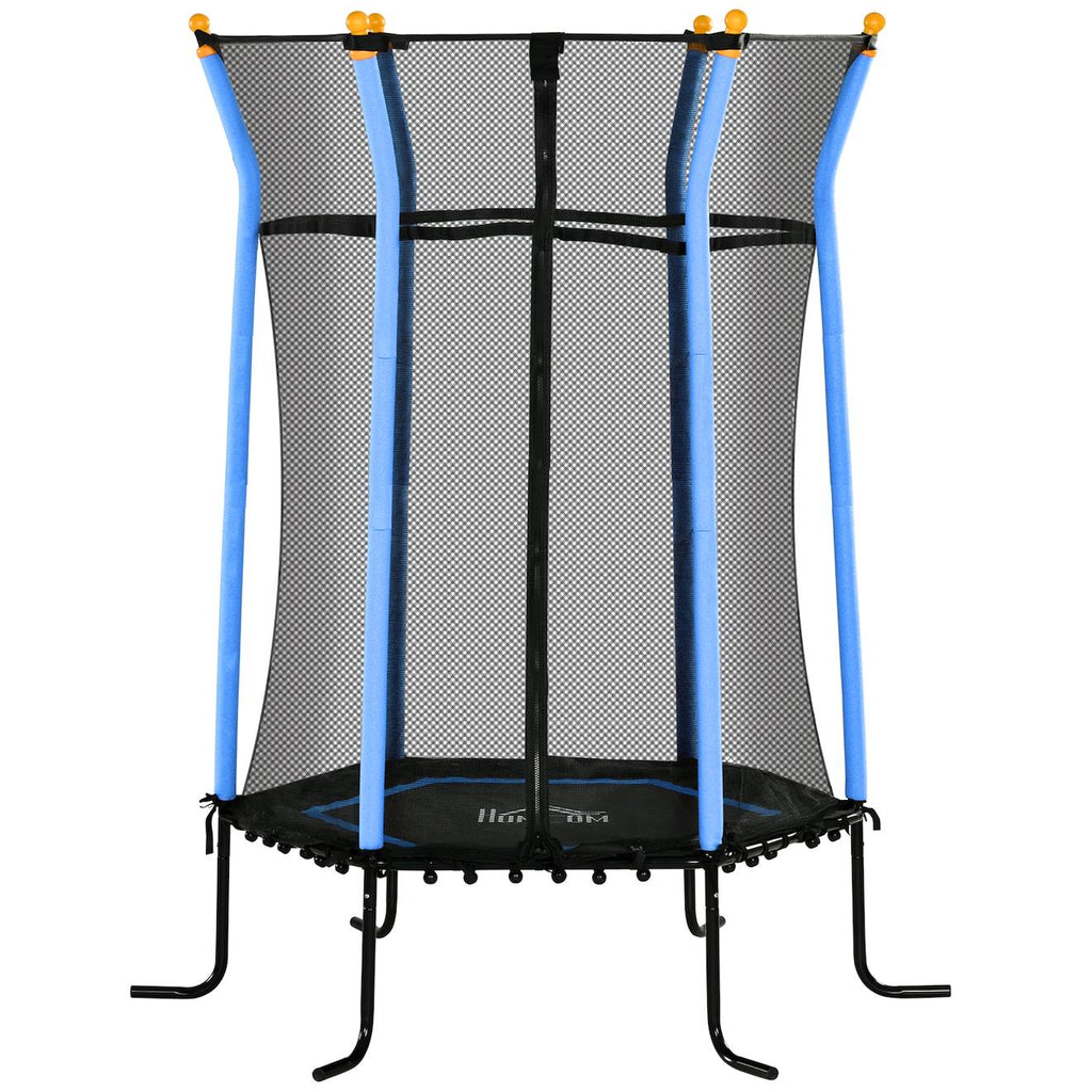Trampoline enfant dia 1,63 x 1,9h m filet de sécurité porte zippée 6 poteaux rembourrés inclus bleu