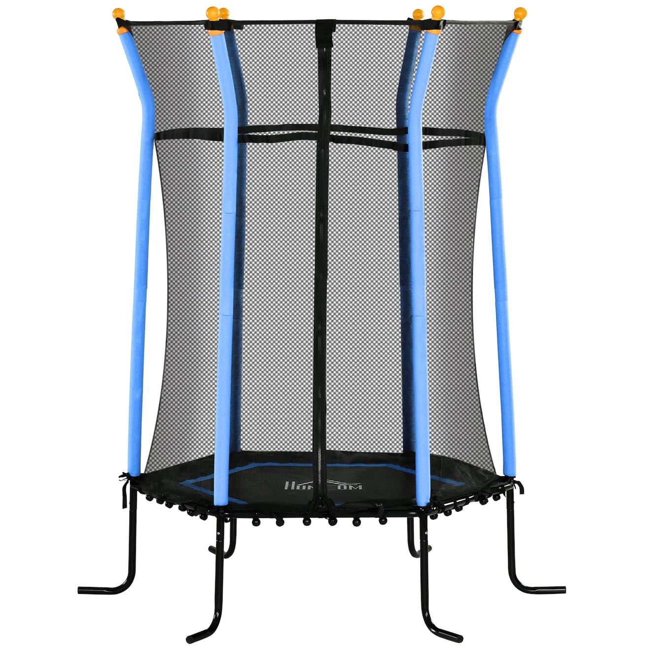 Trampoline enfant dia 1,63 x 1,9h m filet de sécurité porte zippée 6 poteaux rembourrés inclus bleu