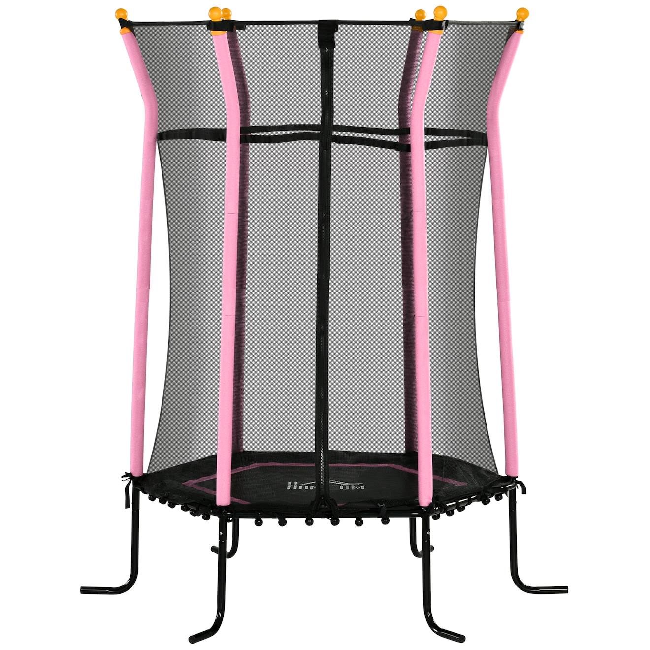 Trampoline enfant dia 1,63 x 1,9h m filet de sécurité porte zippée 6 poteaux rembourrés inclus rose