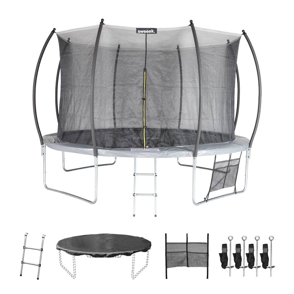 Trampoline rond ø 370cm - saturne inner XXL – trampoline de jardin avec filet et accessoires gris