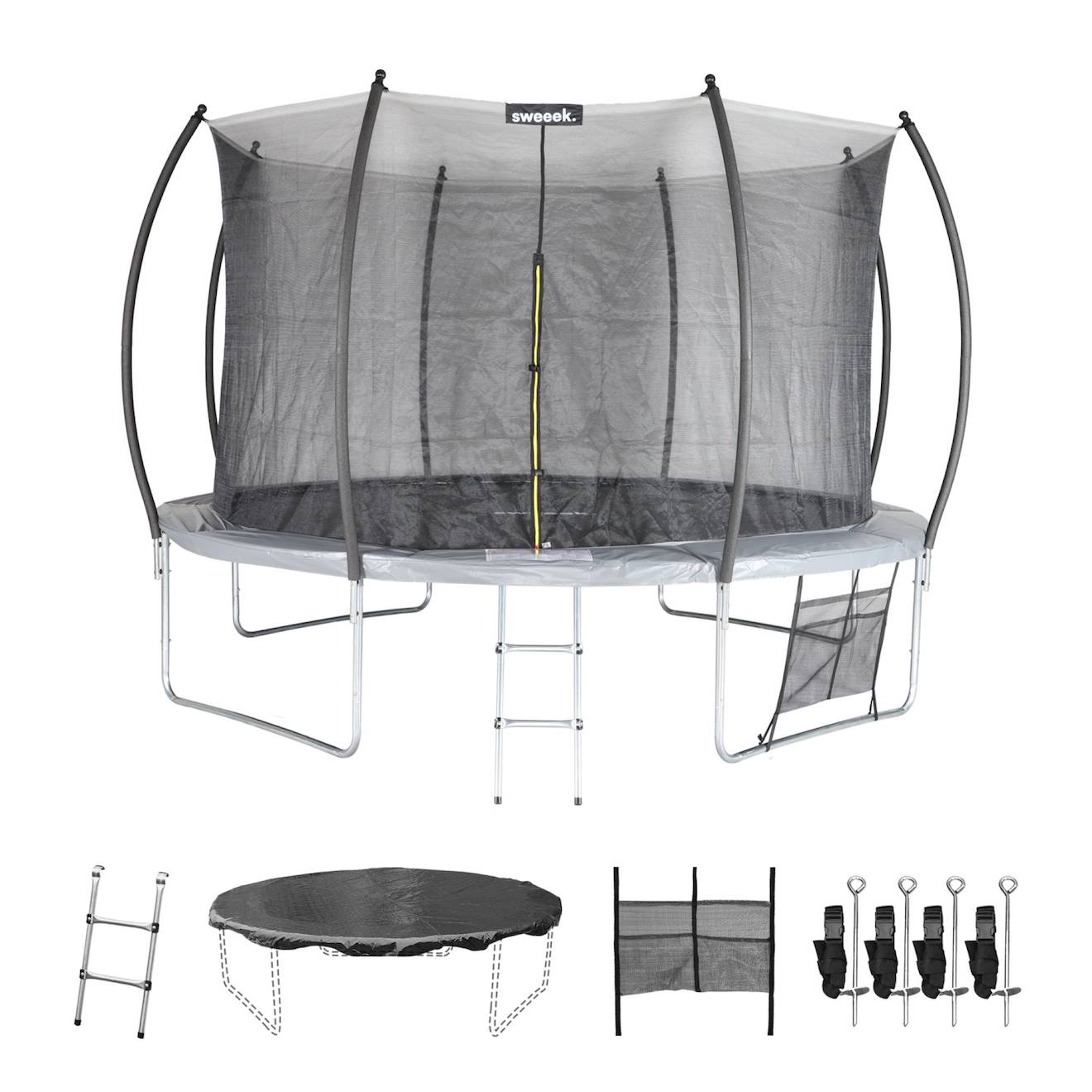 Trampoline rond ø 370cm - saturne inner XXL – trampoline de jardin avec filet et accessoires gris