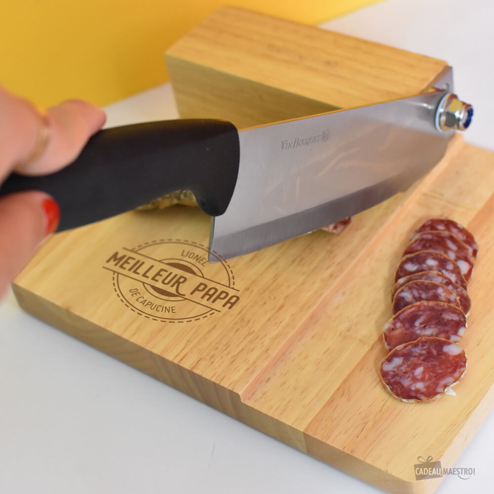 Trancheuse de Cuisine en Bois Meilleur Papa à Personnaliser - Guillotine à Saucisson CadoMaestro