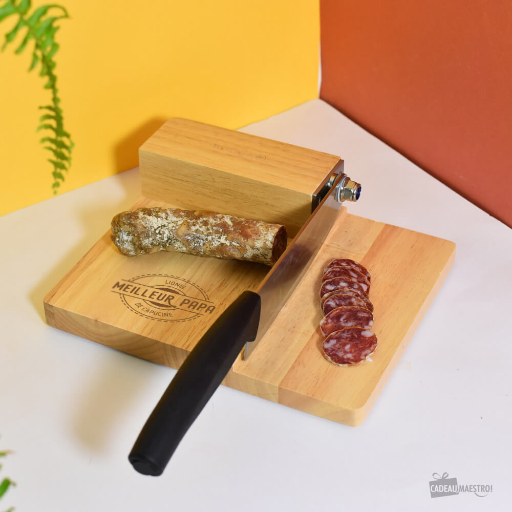 Trancheuse de Cuisine en Bois Meilleur Papa à Personnaliser - Guillotine à Saucisson