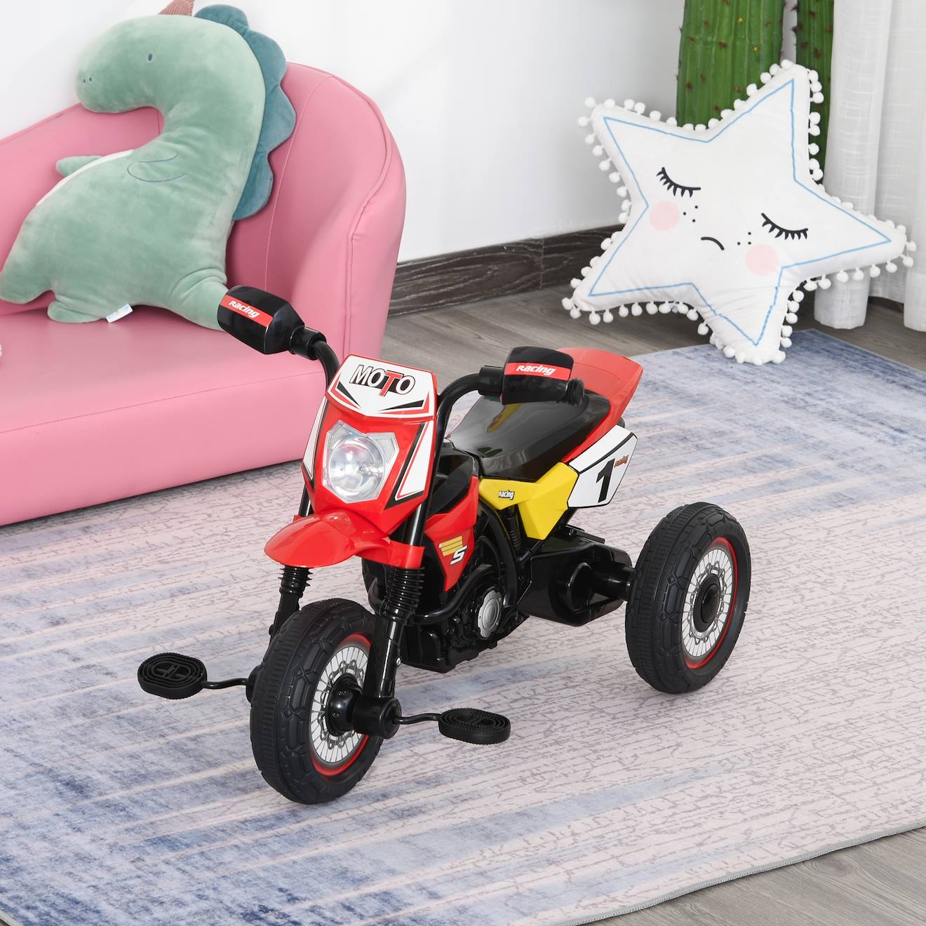Tricycle enfant moto cross effets musicaux et lumineux coffre rangement rouge