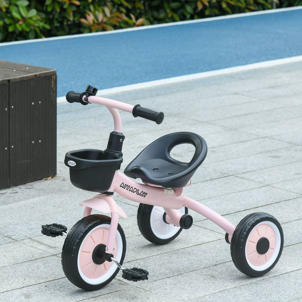 Tricycle enfant multi-équipé garde-boue sonnette panier pédales antidérapantes siège réglable avec dossier rose