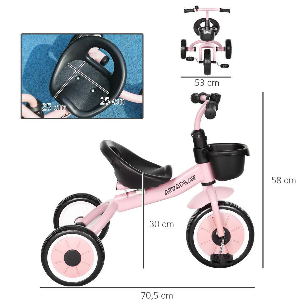 Tricycle enfant multi-équipé garde-boue sonnette panier pédales antidérapantes siège réglable avec dossier rose