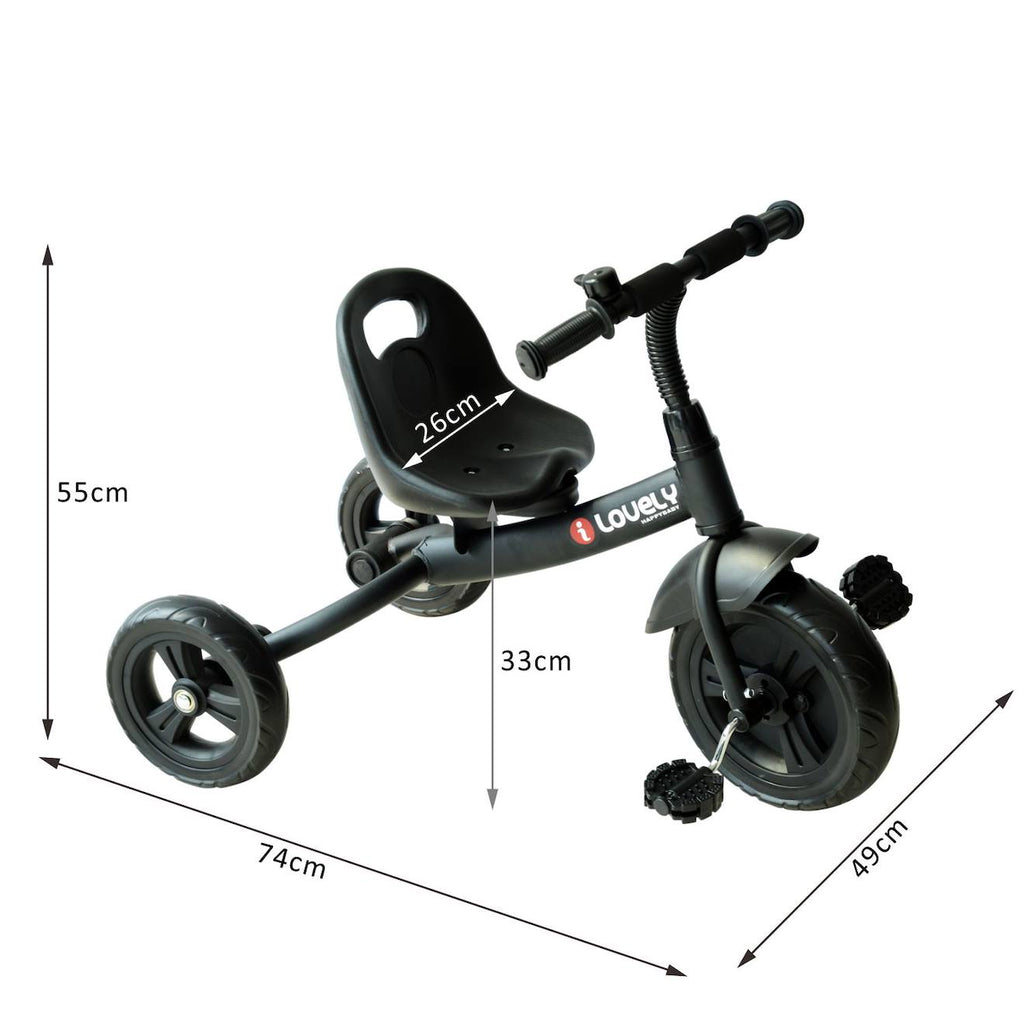 Tricycle enfant multi-équipé garde-boue sonnette pédales antidérapantes siège réglable 2 positions avec dossier noir