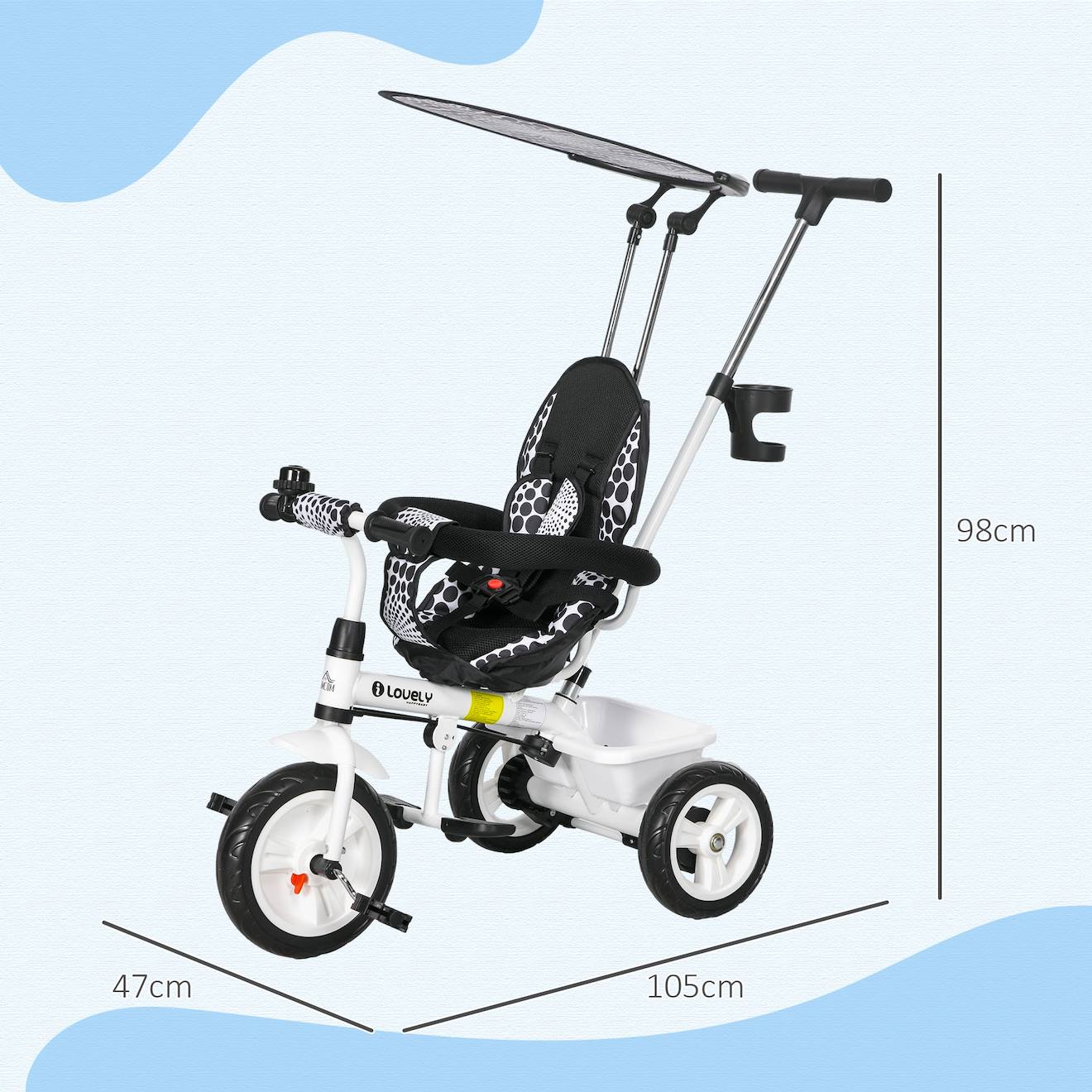 Tricycle enfant pare-soleil pliable canne amovible benne rangement acier blanc