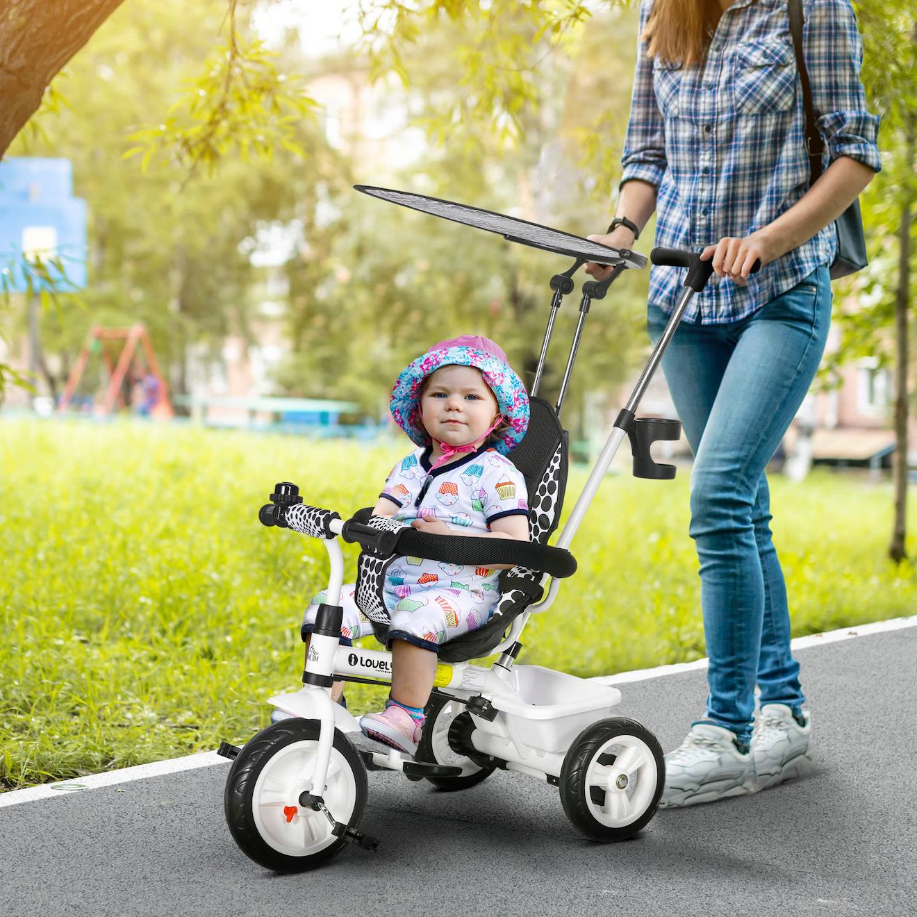 Tricycle enfant pare-soleil pliable canne amovible benne rangement acier blanc