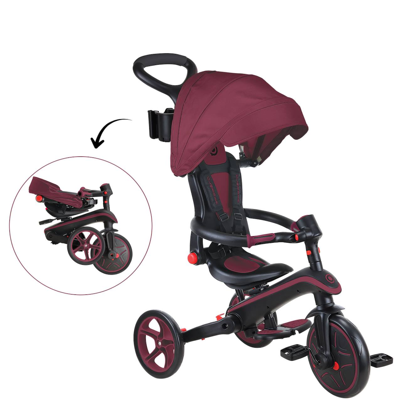 Tricycle explorer 4-en-1 évolutif et pliable rouge bordeaux