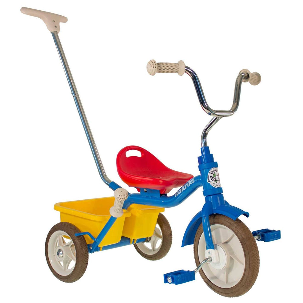 Tricycle métal avec canne et benne bleu