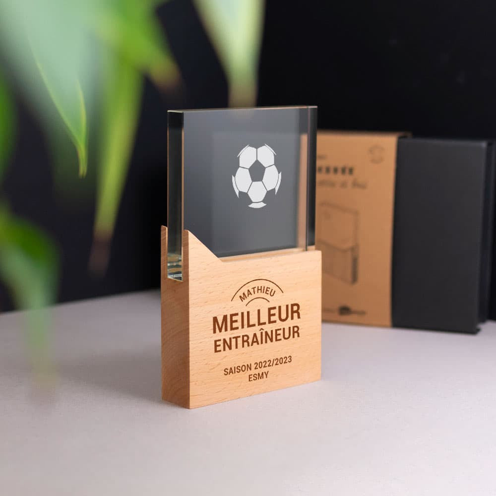 Trophée en Verre et Bois Football à Personnaliser - Trophée Personnalisé