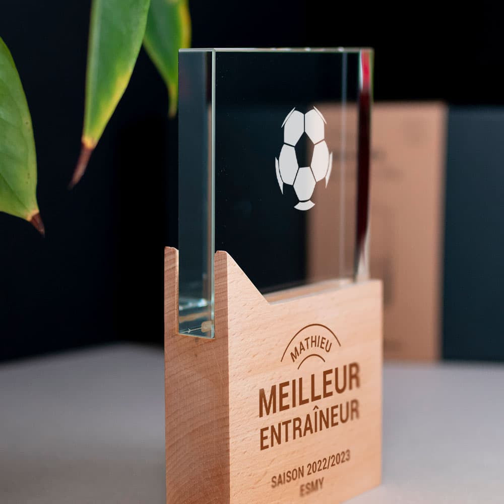 Trophée en Verre et Bois Football à Personnaliser - Trophée Personnalisé