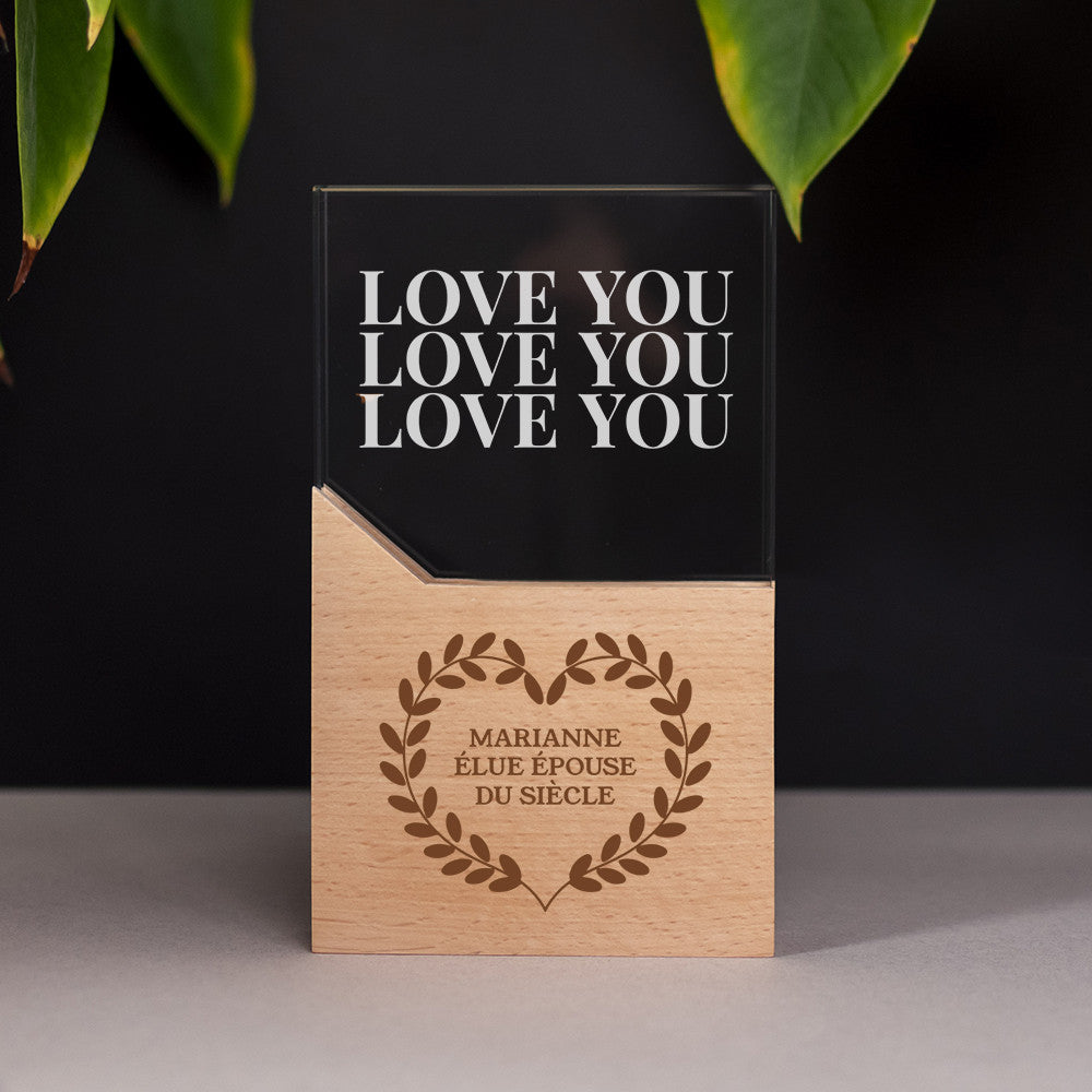 Trophée en Verre et Bois Love à Personnaliser - Trophée Personnalisé