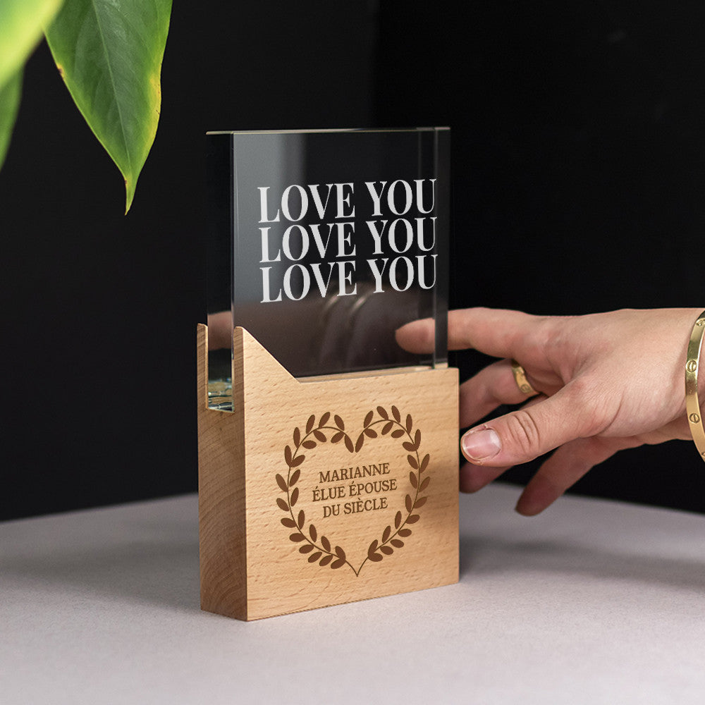 Trophée en Verre et Bois Love à Personnaliser - Trophée Personnalisé