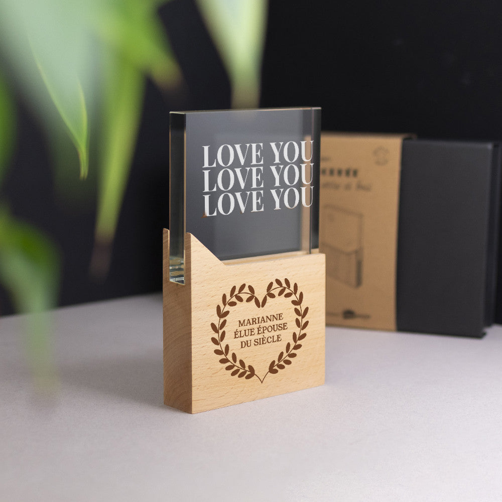 Trophée en Verre et Bois Love à Personnaliser - Trophée Personnalisé