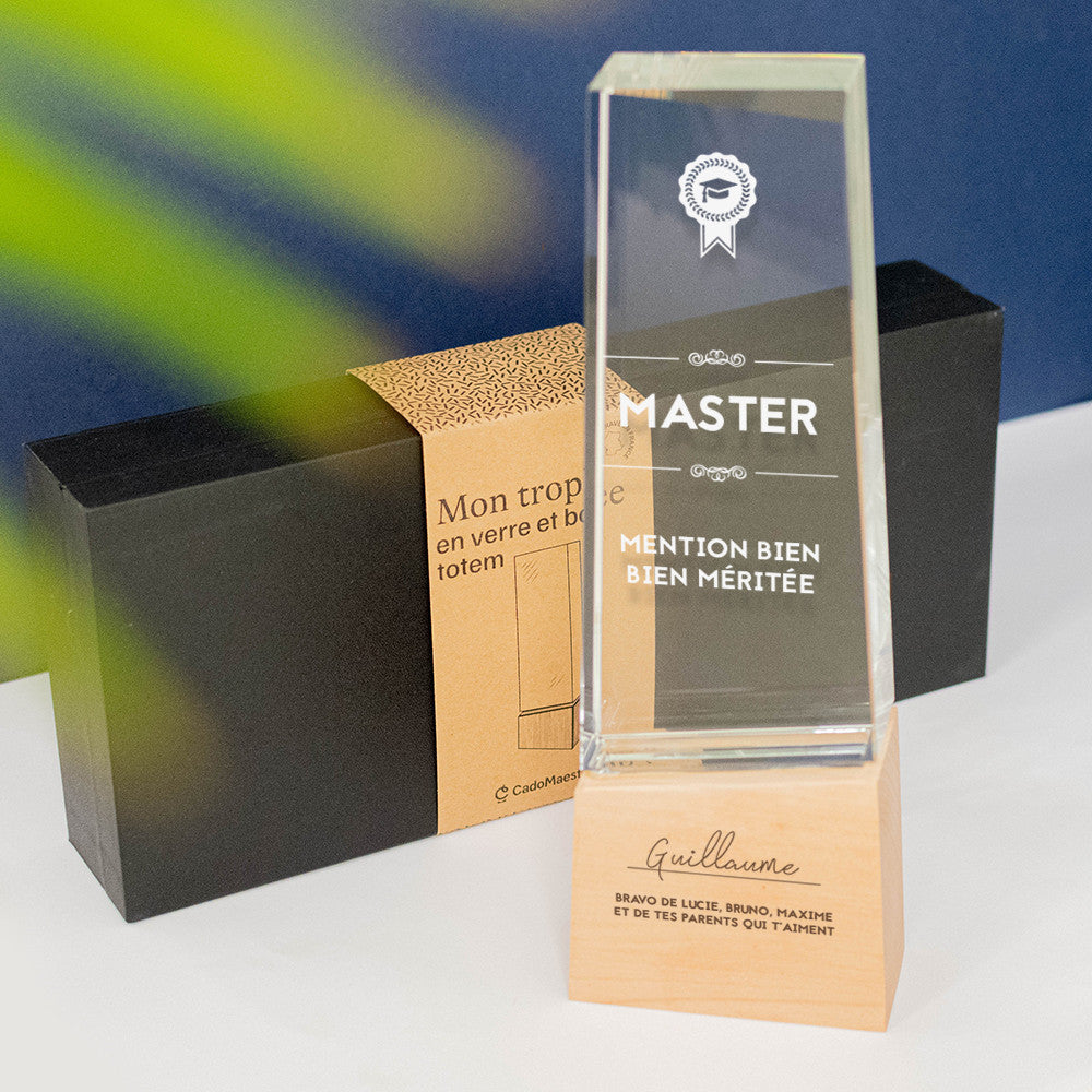 Trophée Totem en Verre et Bois Diplôme à Personnaliser - Trophée Personnalisé