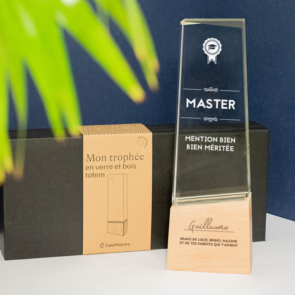 Trophée Totem en Verre et Bois Diplôme à Personnaliser - Trophée Personnalisé