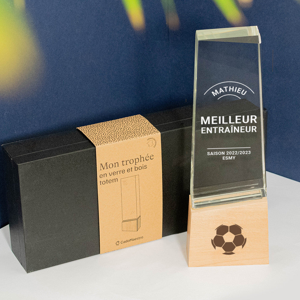 Trophée Totem en Verre et Bois Football à Personnaliser - Trophée Personnalisé