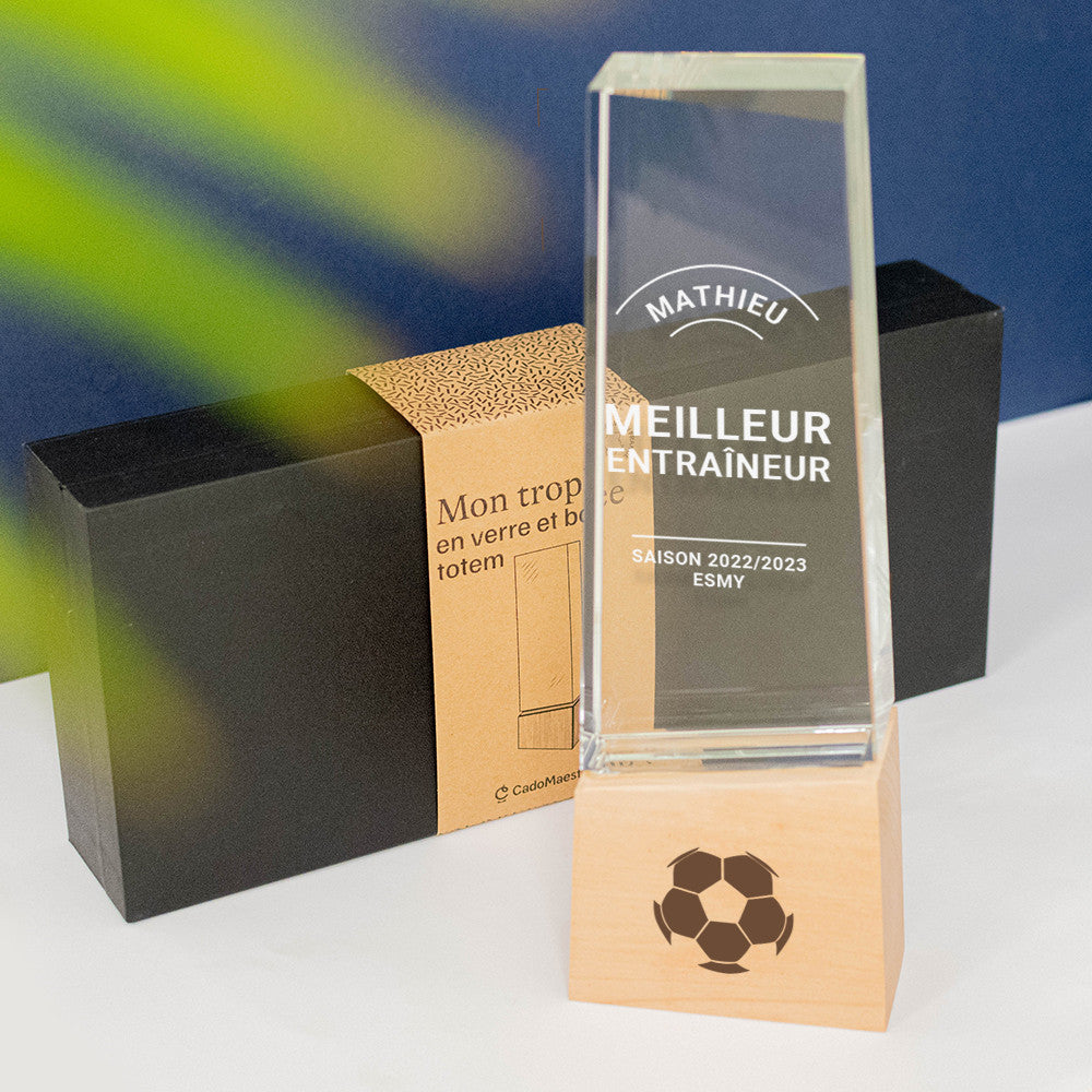 Trophée Totem en Verre et Bois Football à Personnaliser - Trophée Personnalisé