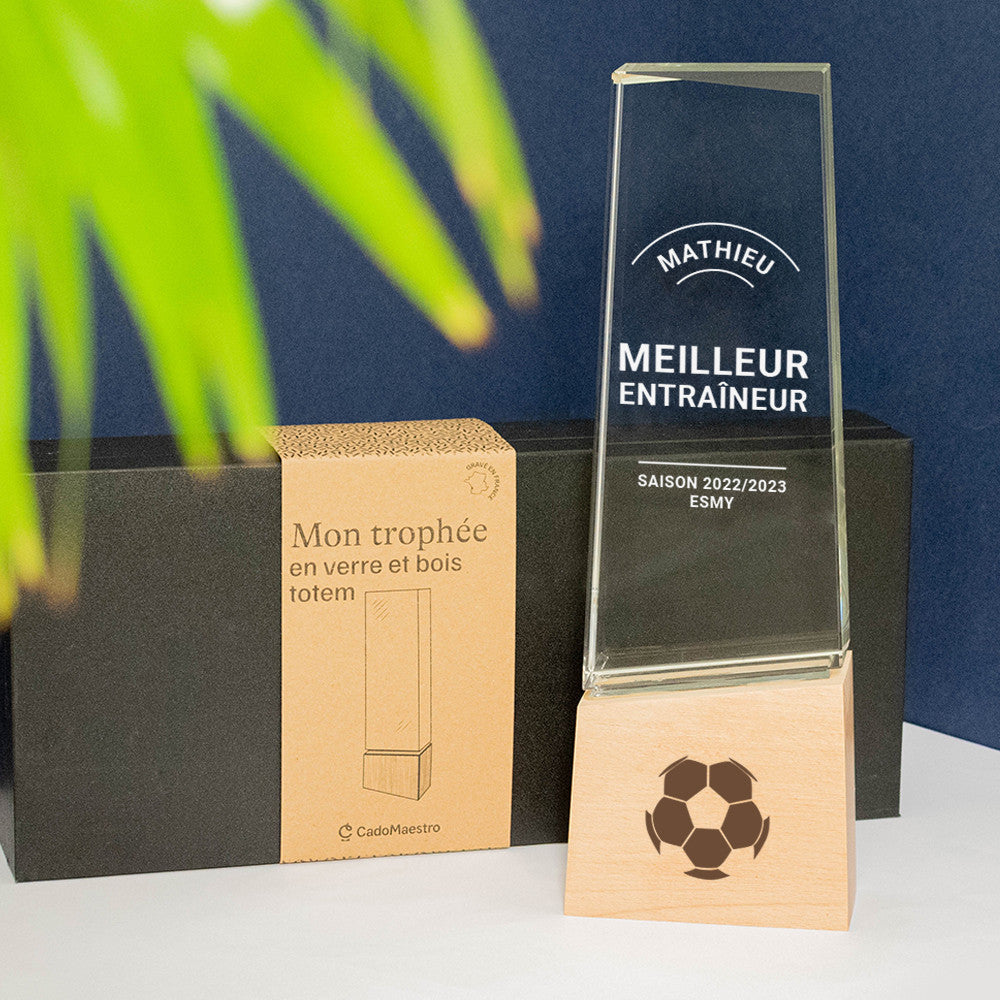 Trophée Totem en Verre et Bois Football à Personnaliser - Trophée Personnalisé