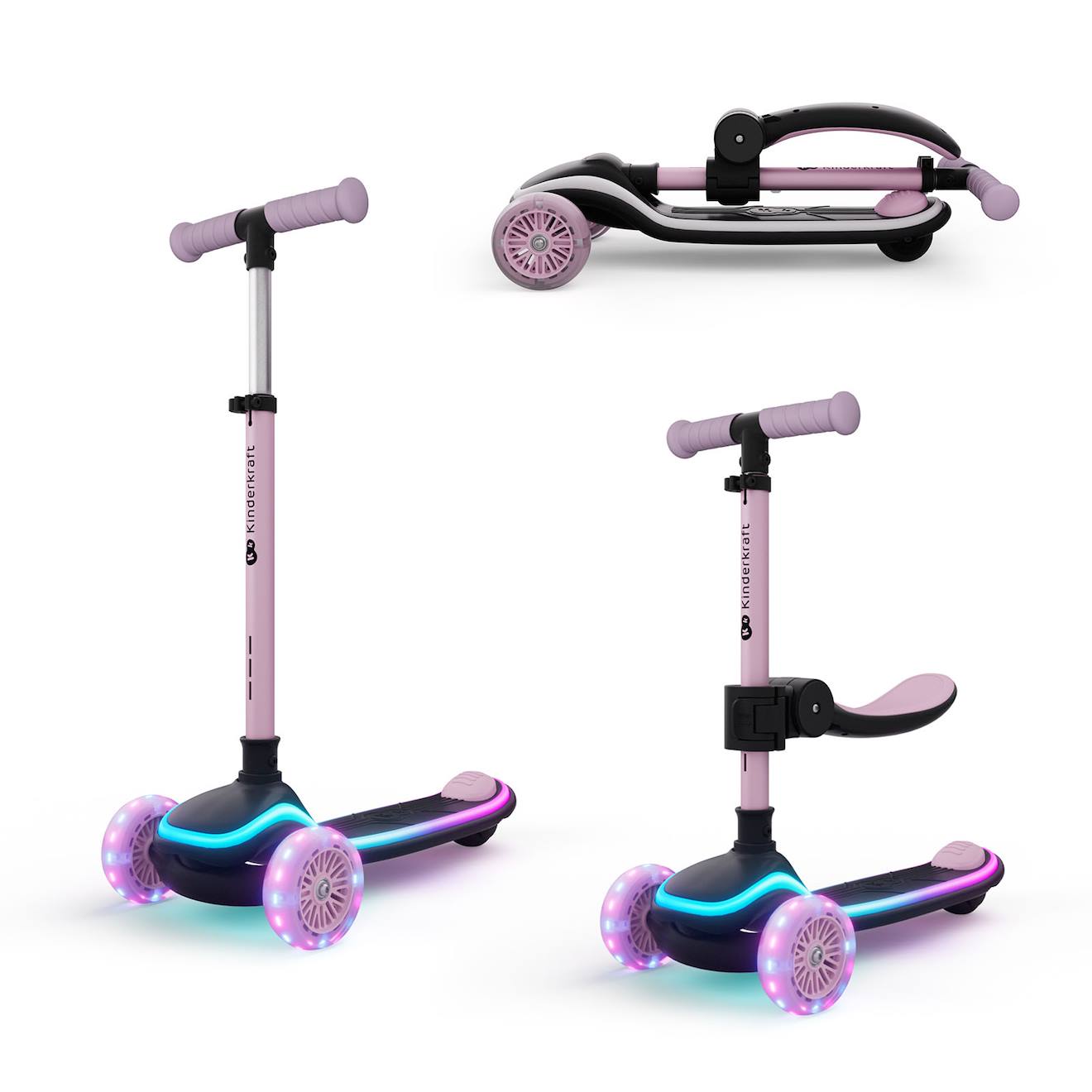Trottinette 2 en 1 avec siège raket up évolutive, pliable, guidon réglable, roues LED lumineuses pink