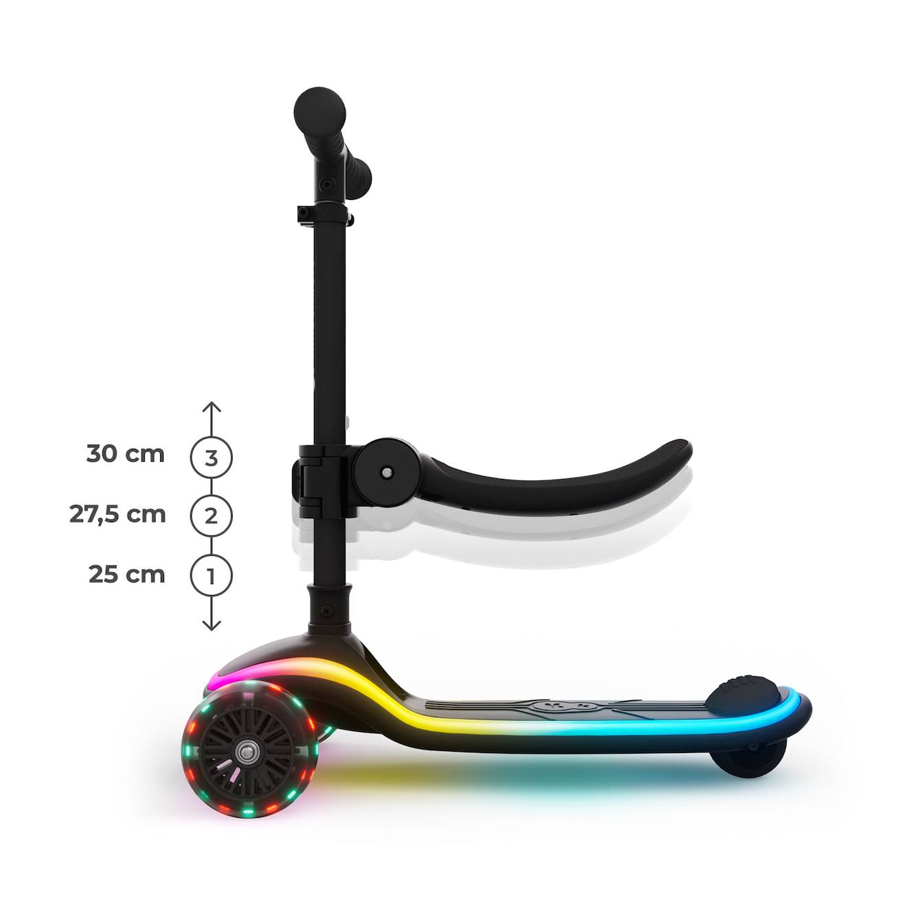 Trottinette 2 en 1 avec siège raket up évolutive, pliable, guidon réglable, roues LED lumineuses black