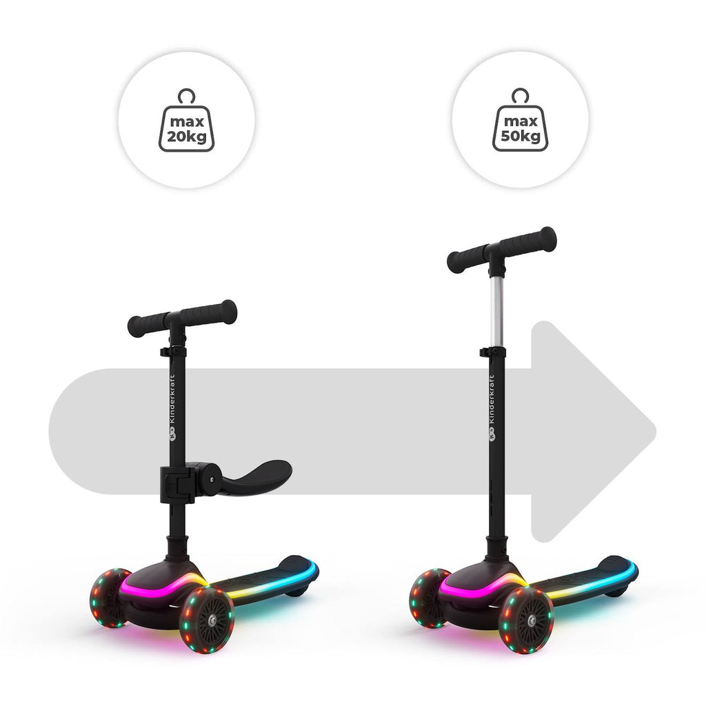 Trottinette 2 en 1 avec siège raket up évolutive, pliable, guidon réglable, roues LED lumineuses black